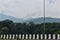 Beautiful lanscape view of green mountain forest of Parasnath hills Jharkhand in India with mist rain clouds