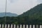 Beautiful lanscape view of green mountain forest of Parasnath hills Jharkhand in India with mist rain clouds