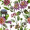 Beautiful lantana or brazil verbena flowers with green leaves on white background. Seamless summer floral pattern.