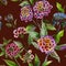 Beautiful lantana flowers with green leaves on brown background. Seamless summer floral pattern. Watercolor painting.