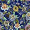 Beautiful lantana flowers with green leaves on dark blue background. Seamless floral pattern. Watercolor painting.