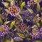 Beautiful lantana flowers with green leaves on purple background. Seamless summer floral pattern. Watercolor painting.