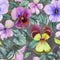 Beautiful large viola flowers with green leaves on gray background. Seamless spring or summer floral pattern. Watercolor painting.