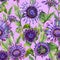 Beautiful large vivid African daisy flowers with green leaves on lilac background. Seamless summer floral pattern.