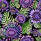 Beautiful large vivid purple African daisy flowers with green monstera leaves on black background. Seamless floral pattern.