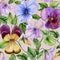 Beautiful large vivid viola flowers with green leaves on beige background. Seamless spring or summer floral pattern.