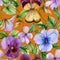 Beautiful large vivid viola flowers with green leaves on orange background. Seamless spring or summer floral pattern.