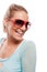 Beautiful laughing tanned woman in sunglasses