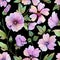 Beautiful lavatera flowers with green leaves against black background. Seamless floral pattern. Watercolor painting.