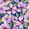 Beautiful lavatera flowers with green leaves against blue background. Seamless floral pattern. Watercolor painting.