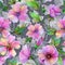 Beautiful lavatera flowers with green leaves against gray background. Seamless floral pattern. Watercolor painting.