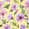 Beautiful lavatera flowers with green leaves against light yellow background. Seamless floral pattern. Watercolor painting.