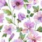 Beautiful lavatera flowers with green leaves against white background. Seamless floral pattern. Watercolor painting.