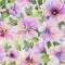 Beautiful lavatera flowers with green leaves on light beige background. Seamless floral pattern. Watercolor painting.