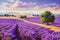 Beautiful lavender fields, trees and mountains in the background