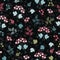 Beautiful layered  floral seamless pattern. Pink flowers with blue and green leaves. Elegant print for fabric