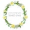Beautiful leafy frame wreath of eucalyptus, fern, flowers of yellow dahlia and boxwood branches isolated on white. For wedding in
