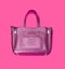 Beautiful leather purple handbags on a pink paper background  in zine style