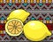 Beautiful lemon on ethnic pattern background. Summer fruits illustration stock