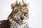 Beautiful Leopard In Gold Crown On White Background. Generative AI