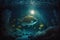 beautiful life underwater by moonlight in ocean with aquarium fish in space