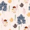 Beautiful light Autumn seamless pattern vector with mushrooms, berries, fern, herbs and leaves.