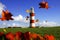 beautiful lighthouse with flying autumn leaves