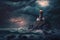 Beautiful lighthouse on seascape with a gloomy sky at sunset illustration generative ai