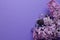 Beautiful  lilac flowers and semi-precious stones amethyst lie on a purple background. Copy space