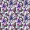 Beautiful lily flowers with leaves on gray background. Tints of purple, blue, lilac. Seamless floral pattern. Watercolor painting.