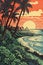 Beautiful Linocut Style Illustration of a Tropical Sunset Summer Landscape. Organic Natural Colors. Orange, green, black