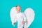 Beautiful little angel isolated. Valentines day. Cute child boy in white dress standing over blue background.