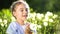 Beautiful little girl blowing dandelion at summer day.