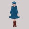 Beautiful little girl. In a blue beret and blue elegant dress. Sadness, modesty, thoughtfulness. A festive image for a girl. Vecto