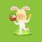 Beautiful little girl with bunny ears and rabbit costume running with basket full of painted eggs, kid having fun on