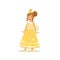 Beautiful little girl princess in a gold ball dress and golden tiara, fairytale costume for party or holiday vector