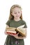 Beautiful little girl reading book. Adorable modern little girl standing with books