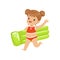 Beautiful little girl in a red swimsuit running with green inflatable mattress, kid playing at the beach, happy infants