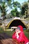 beautiful little girl in a red veil. sit in front of the ground camper tent