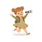 Beautiful little girl in scout costume running with backpack and binocular, outdoor camp activity vector Illustration