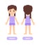 Beautiful little Girl in shorts and a T-shirt is standing. Brunette Baby Front and Back view. Ð¡artoon Child in Pajamas and
