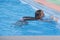 Beautiful little girl swims in the pool , cute little girl in pool in sunny day.little girl