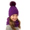 Beautiful little girl in winter warm purple hat and scarf on white. Children winter clothes