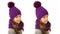 Beautiful little girl in winter warm purple hat and scarf on white. Children winter clothes