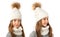 Beautiful little girl in winter warm white hat and scarf on white. Children winter clothes