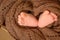 Beautiful little heels of a newborn baby wrapped in a brown knitted piece of cloth