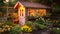 Beautiful little house in the garden at night. Small wooden house with flowers. An atmospheric image of a serene, cozy backyard