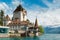 Beautiful little tower of Oberhofen castle in the Thun lake