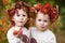 Beautiful little twin girls  holding apples in the autumn garden.  Little girls playing with apples. Toddler eating fruits at fall