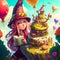 A beautiful little witch with a book looking at a fantasy birthday cake that looks like a house on a stump. Illustration created